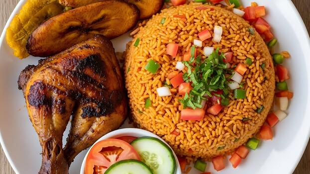 Jollof rice with grilled chicken and plantain